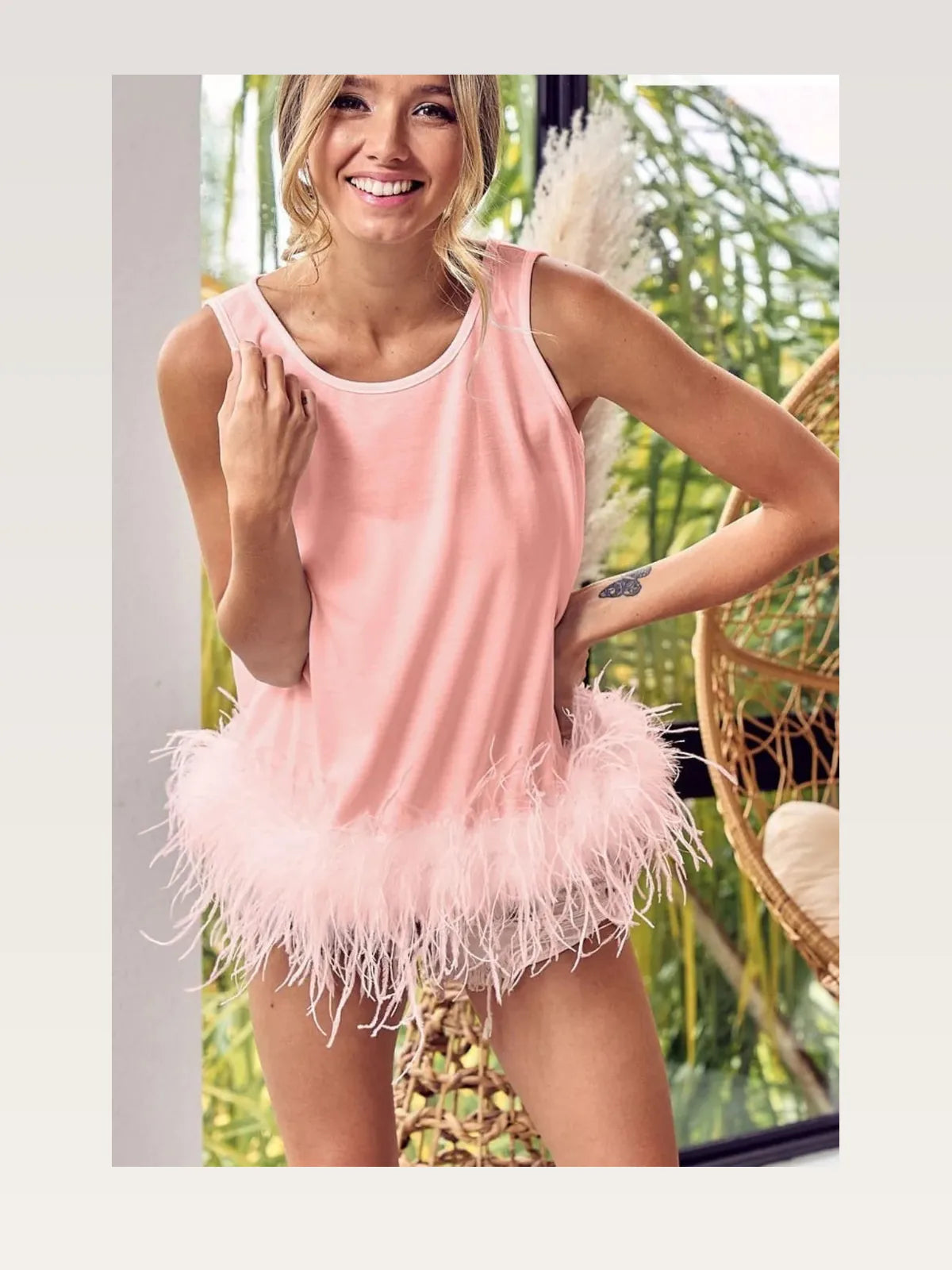 Faux Feather Trim French Terry Back Tie Top in Blush Pink
