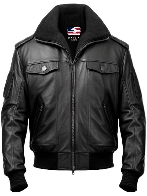 Men's Black Leather Bomber Jacket