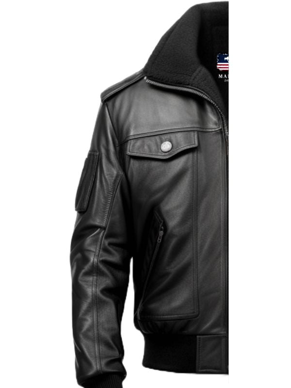 Men's Black Leather Bomber Jacket