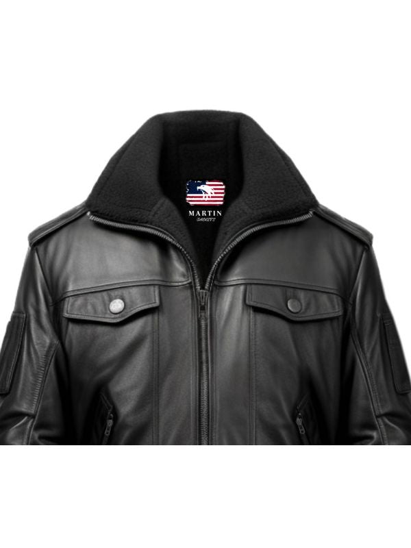 Men's Black Leather Bomber Jacket
