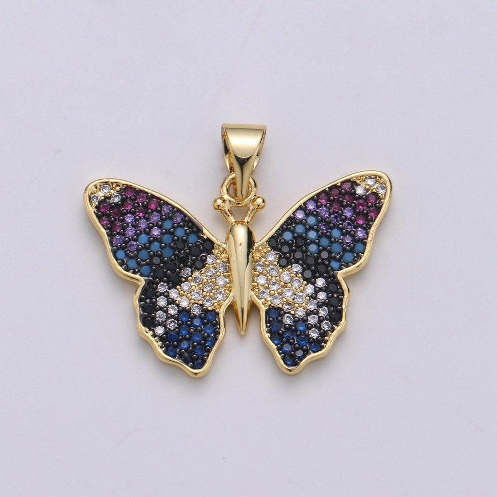 Blue Gradation Butterfly Micro Pave 24K Gold Filled Pendant, Cubic Zirconia Butterfly Pendant Charm Connector, For DIY Jewelry J-128