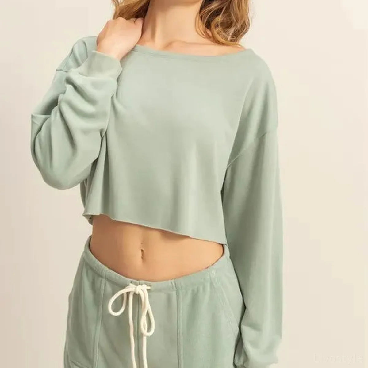 Boat Neck Long Sleeve Cropped Top