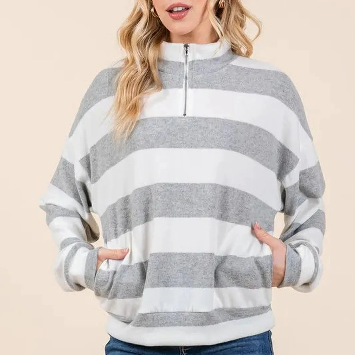 Striped Quarter-Zip Sweatshirt with Drop Shoulders