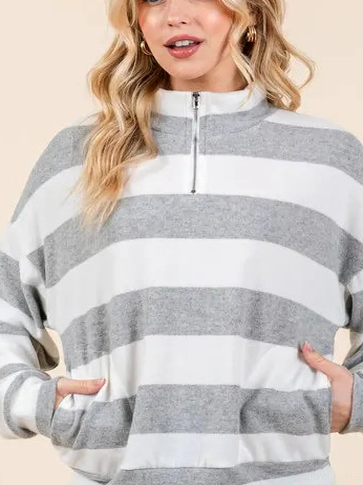 Striped Quarter-Zip Sweatshirt with Drop Shoulders