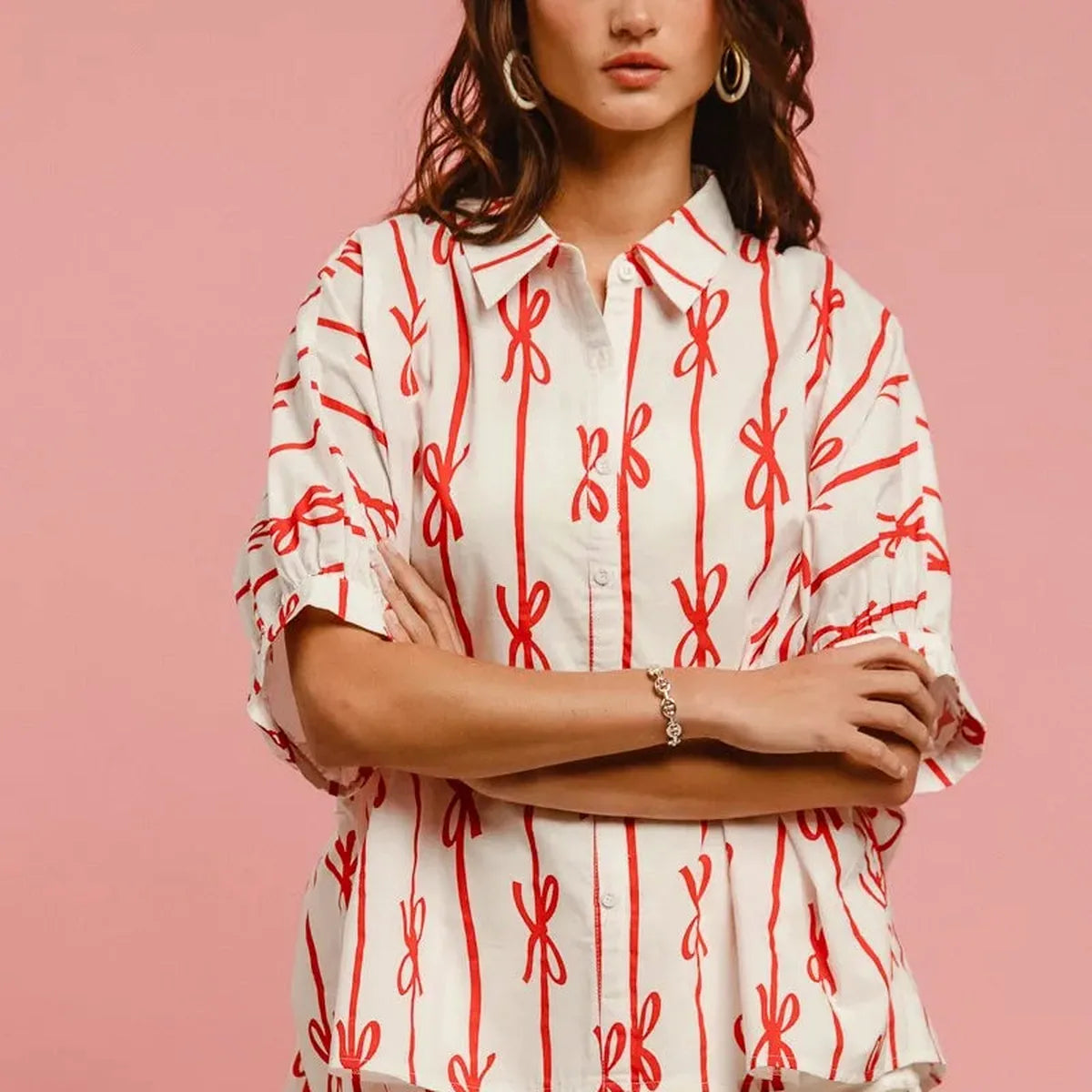Bow Print Short Sleeve Button-Down Shirt with Collar