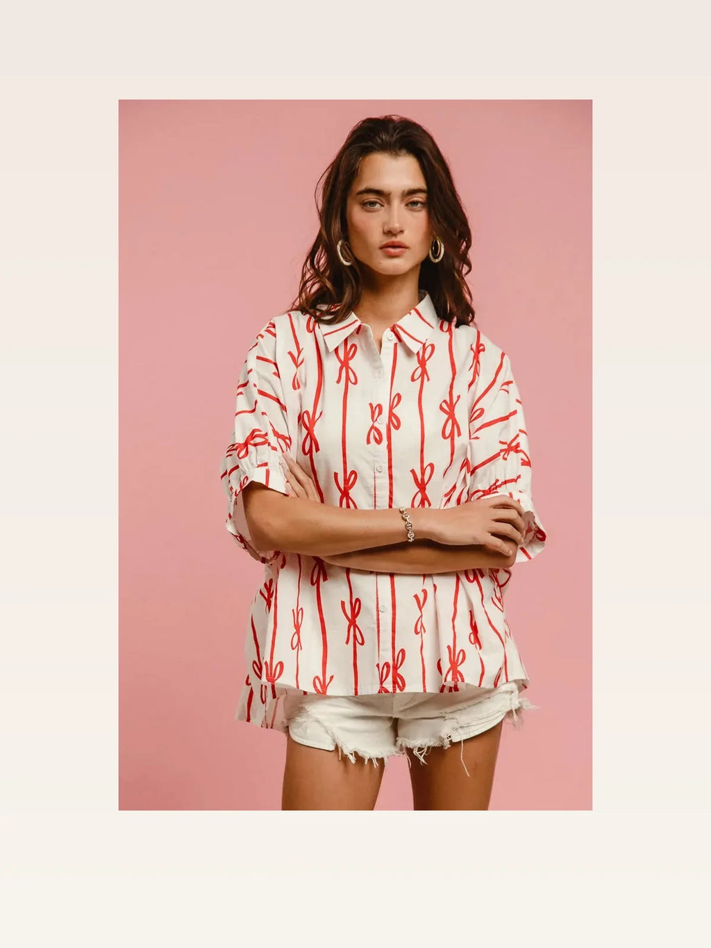 Bow Print Short Sleeve Button-Down Shirt with Collar