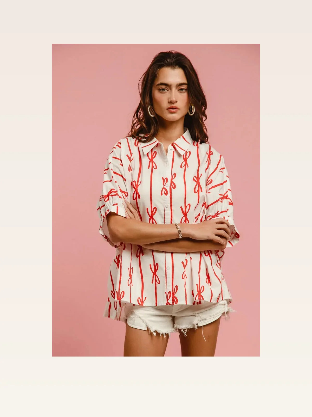 Bow Print Short Sleeve Button-Down Shirt with Collar