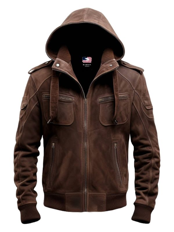 Men's Brown Hooded Slim Fit Suede Bomber Jacket