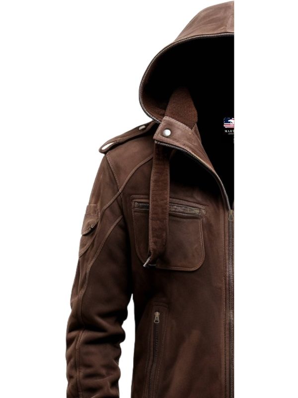 Men's Brown Hooded Slim Fit Suede Bomber Jacket