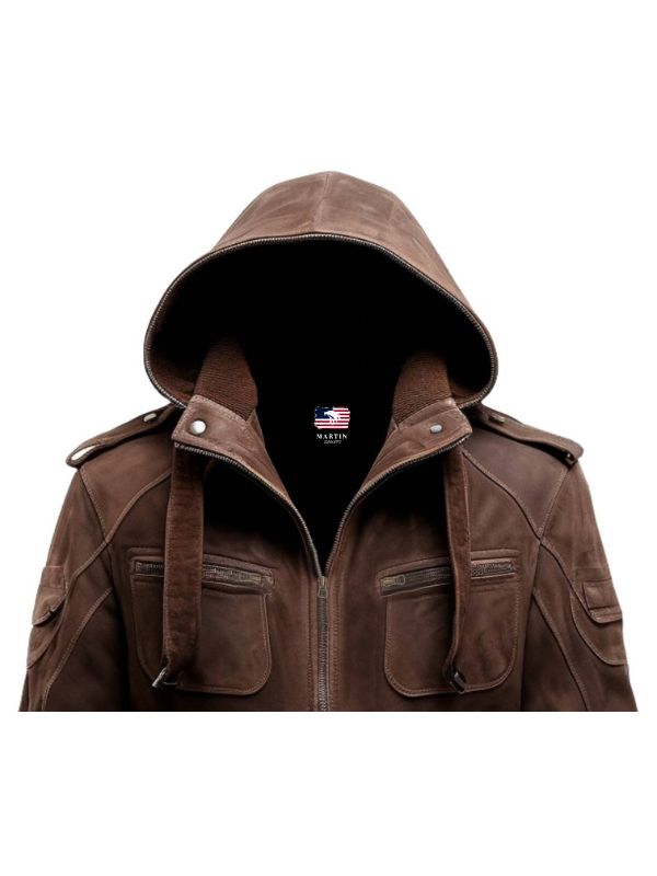 Men's Brown Hooded Slim Fit Suede Bomber Jacket