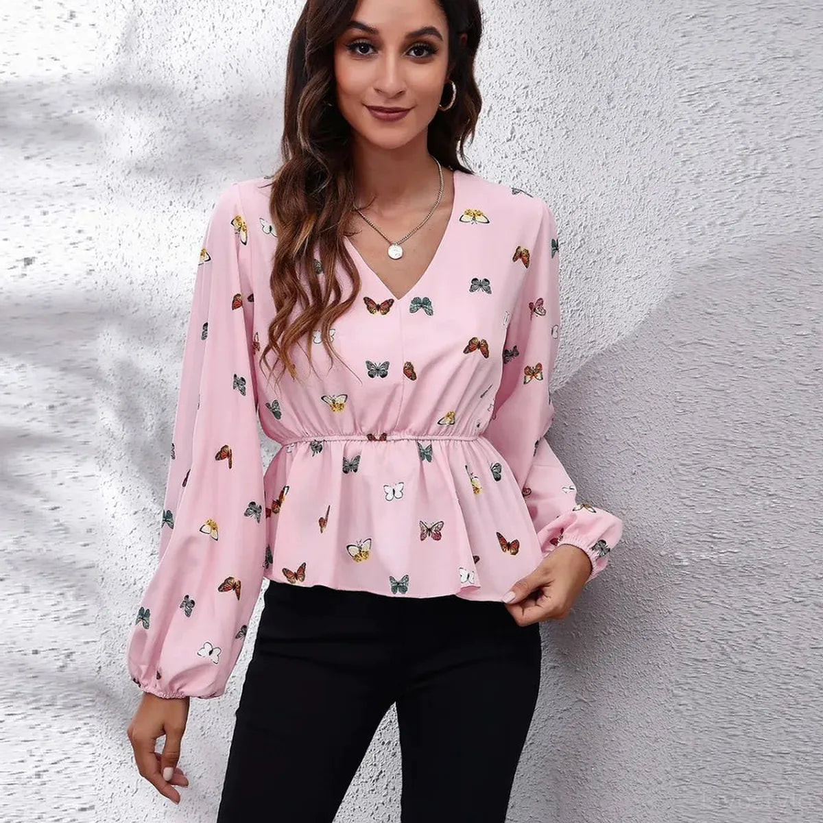 Butterfly Print Peplum Blouse with Balloon Sleeves