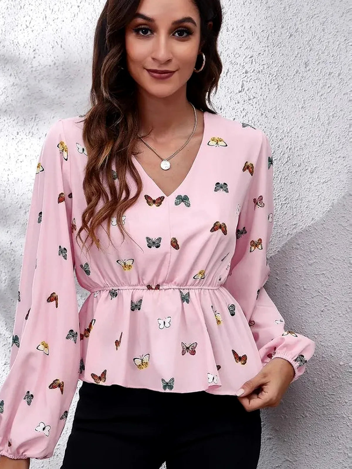 Butterfly Print Peplum Blouse with Balloon Sleeves