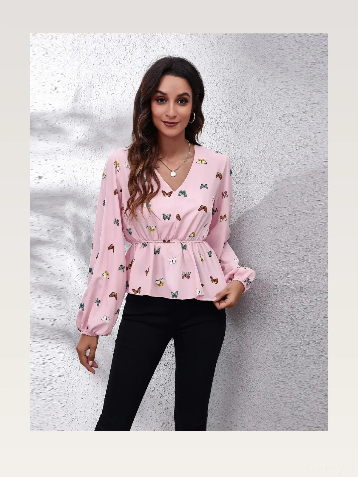Butterfly Print Peplum Blouse with Balloon Sleeves
