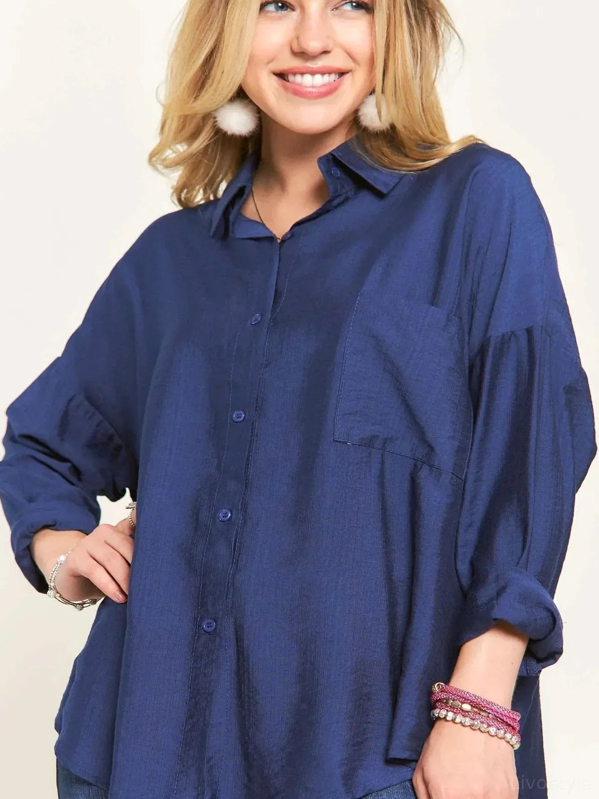 Button-Down Linen Blend Shirt with Balloon Sleeves