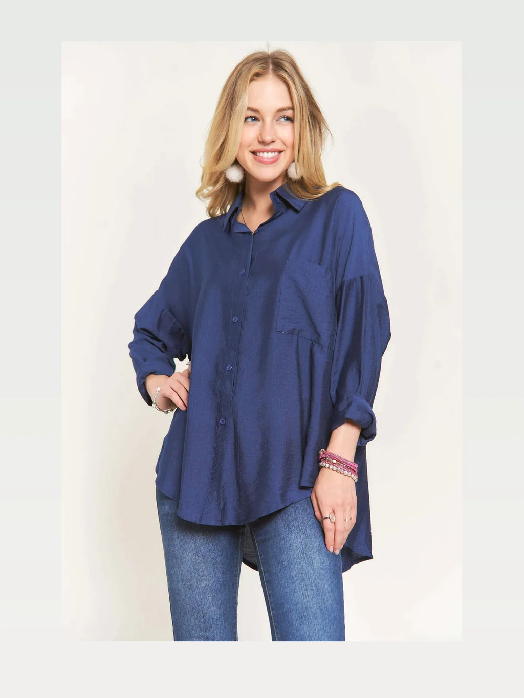Button-Down Linen Blend Shirt with Balloon Sleeves