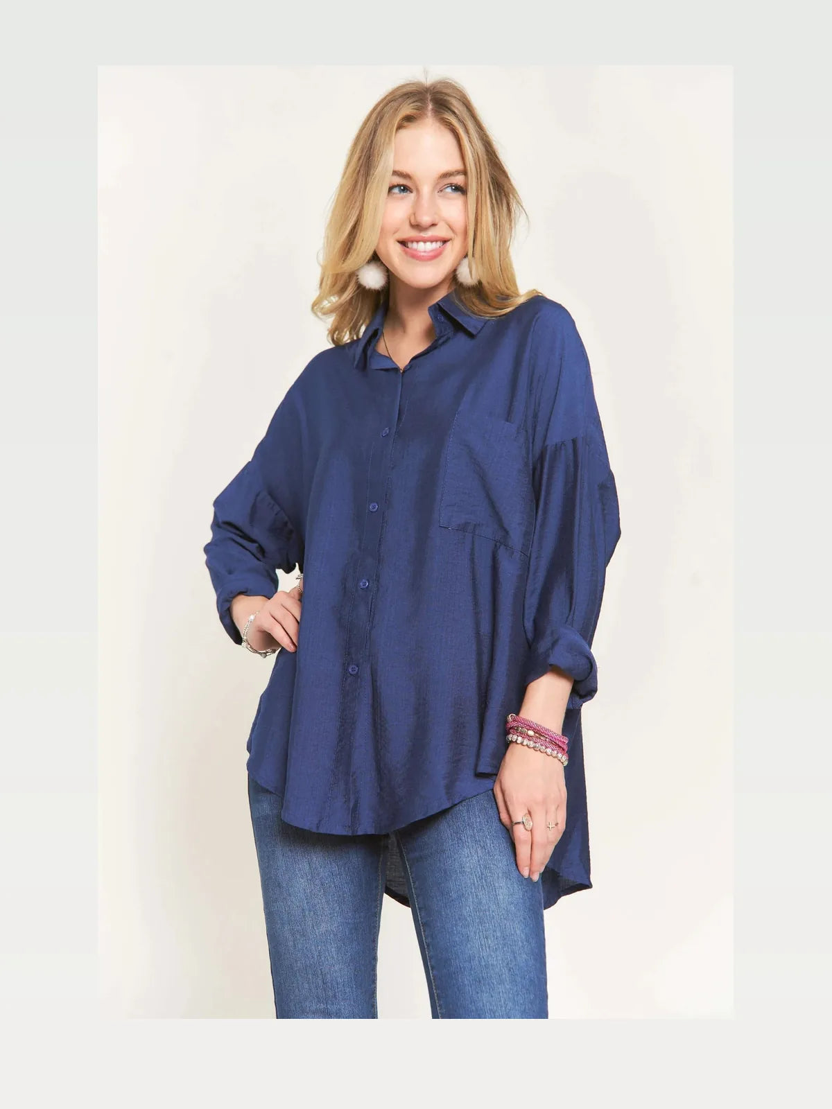Button-Down Linen Blend Shirt with Balloon Sleeves