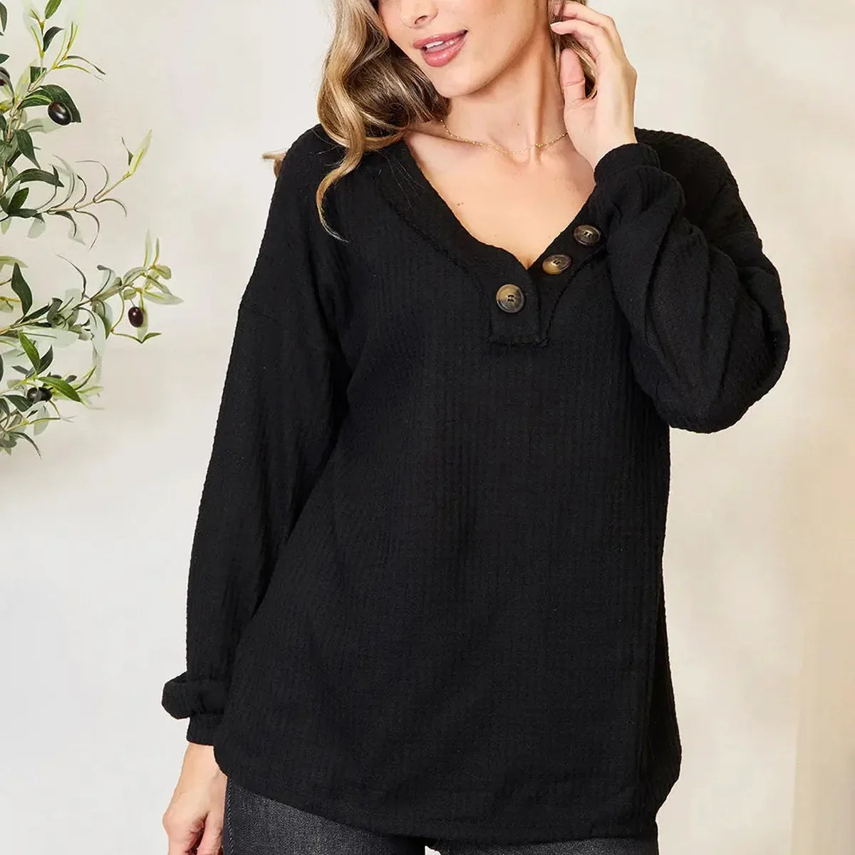 Button Front Long Sleeve Blouse in Soft Stretch Woven