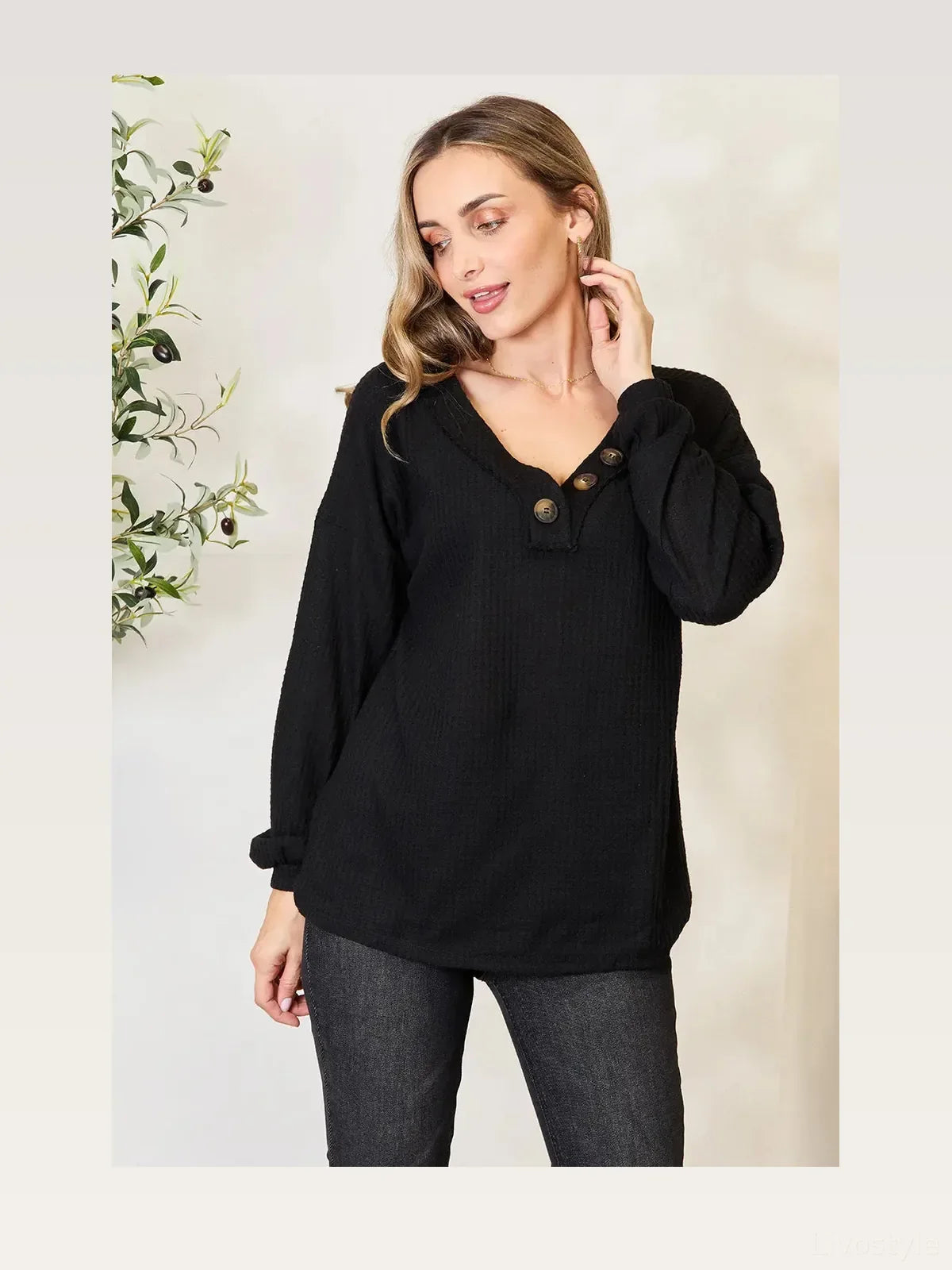 Button Front Long Sleeve Blouse in Soft Stretch Woven