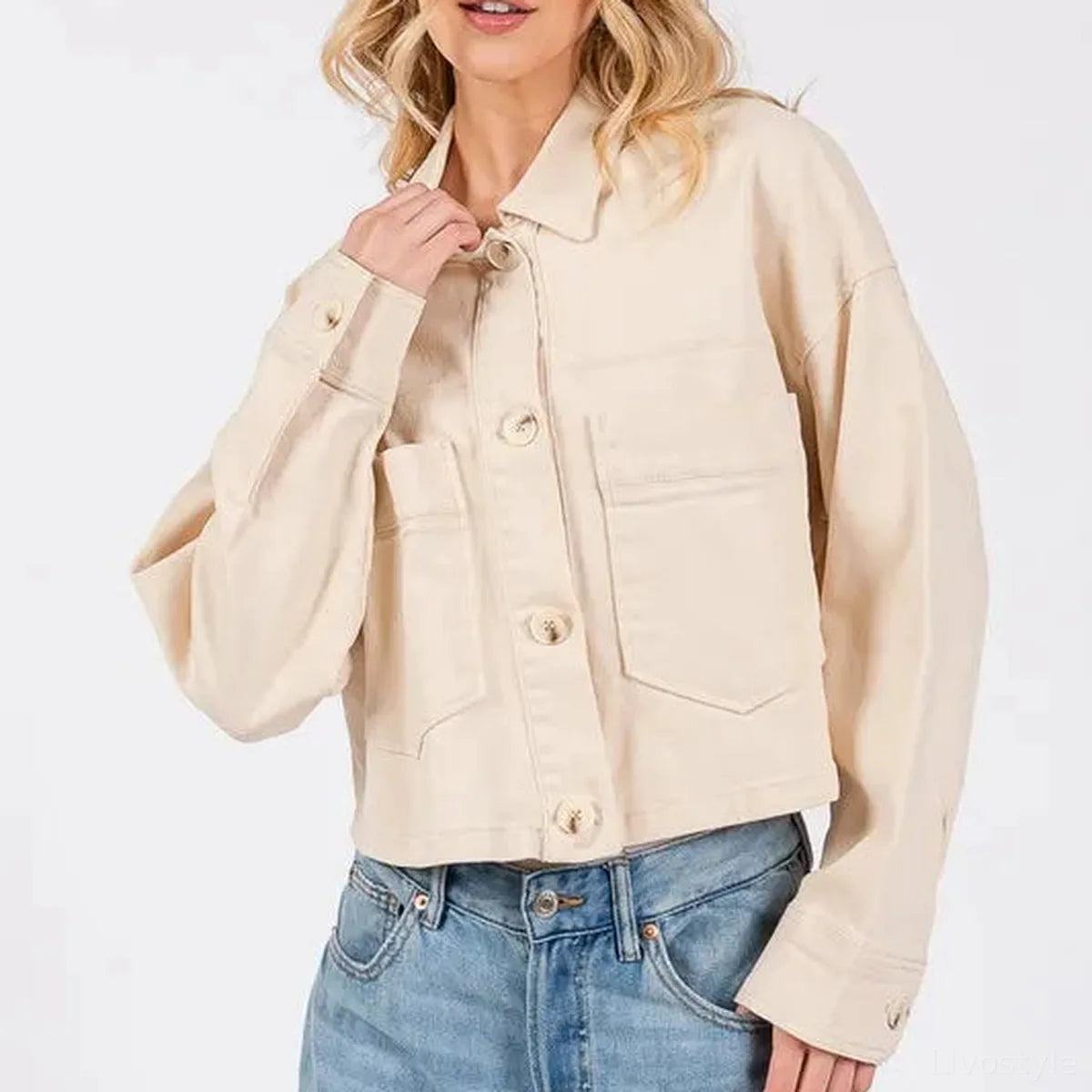 Button Down Cropped Denim Jacket with Patch Pockets