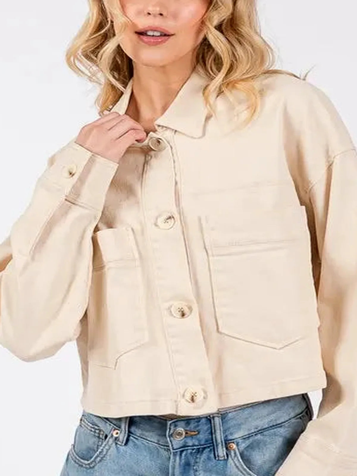 Button Down Cropped Denim Jacket with Patch Pockets