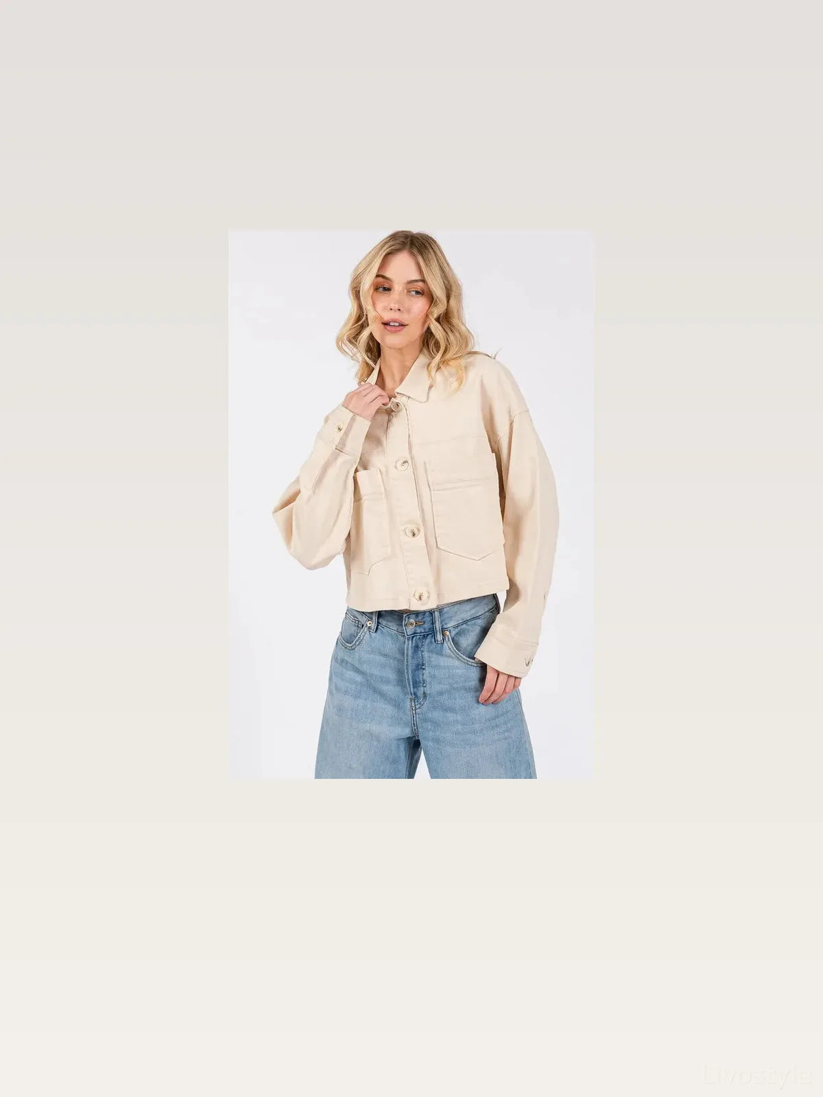 Button Down Cropped Denim Jacket with Patch Pockets