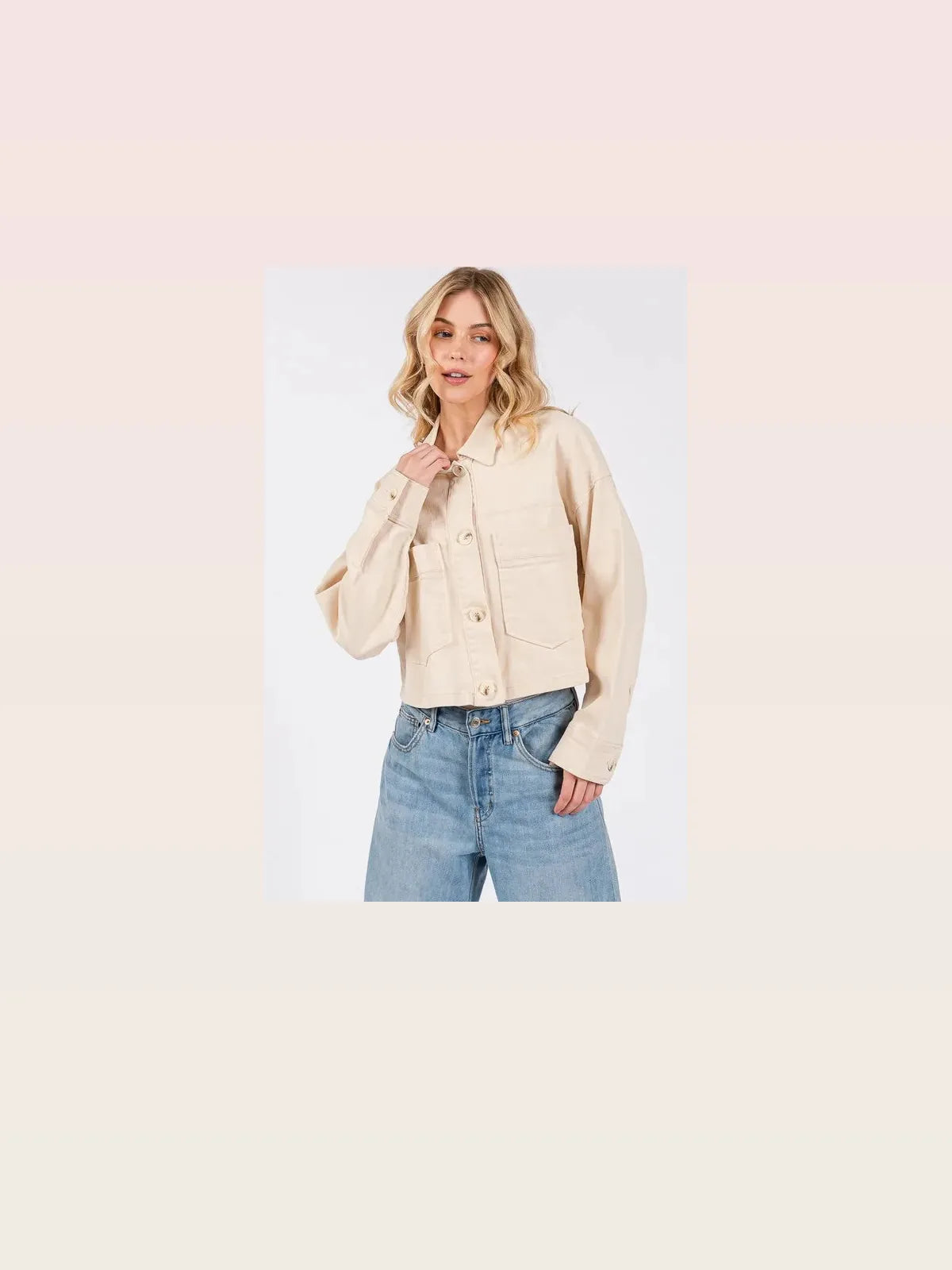 Button Down Cropped Denim Jacket with Patch Pockets