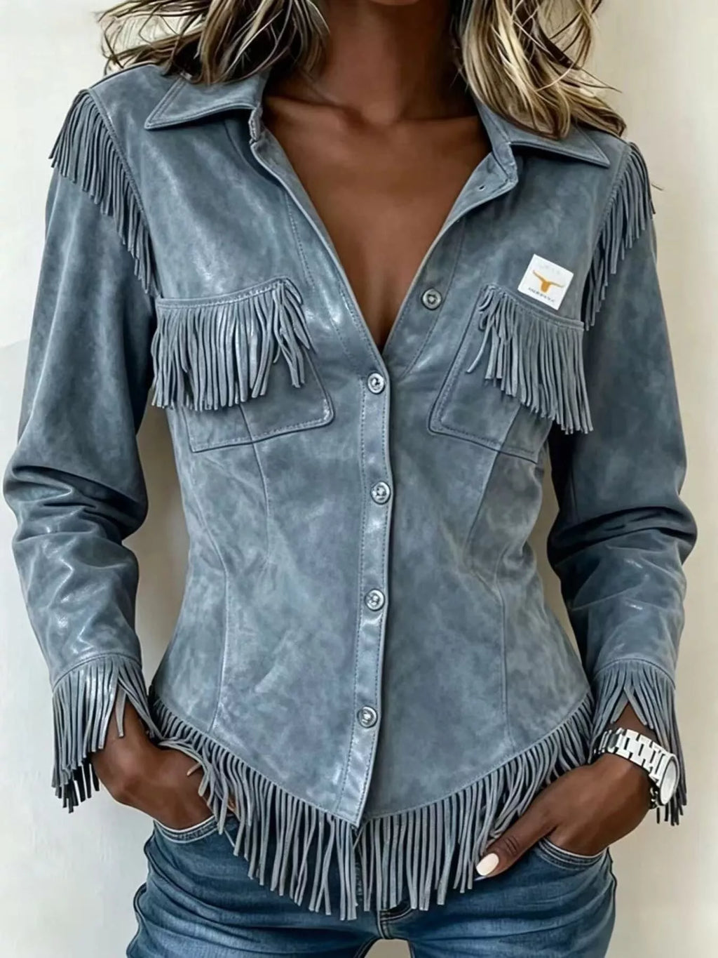 Full Size Fringed Snap Down Jacket Plus Size