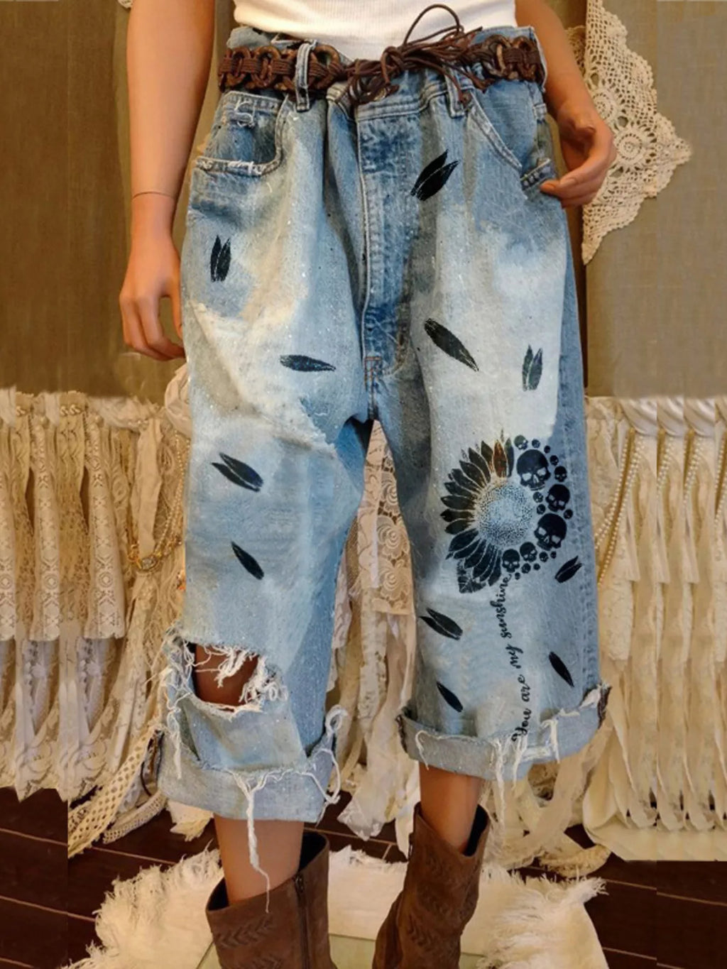 Full Size Distressed Skull Print Jeans Plus Size