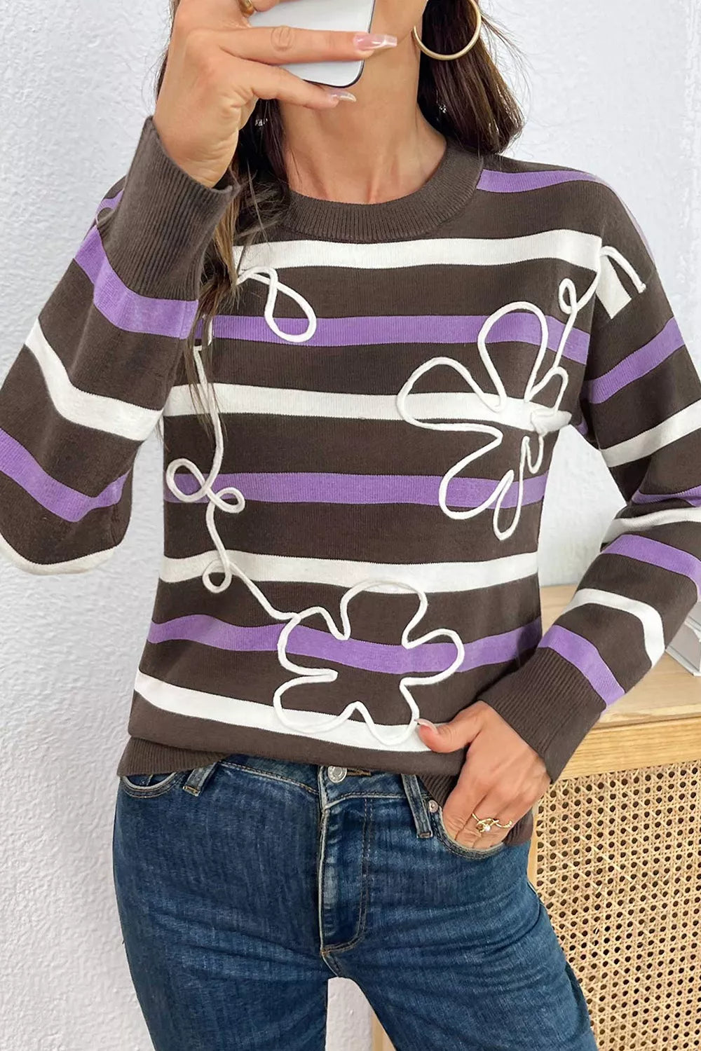 Stripe Embroidered Detail Drop Shoulder Sweater