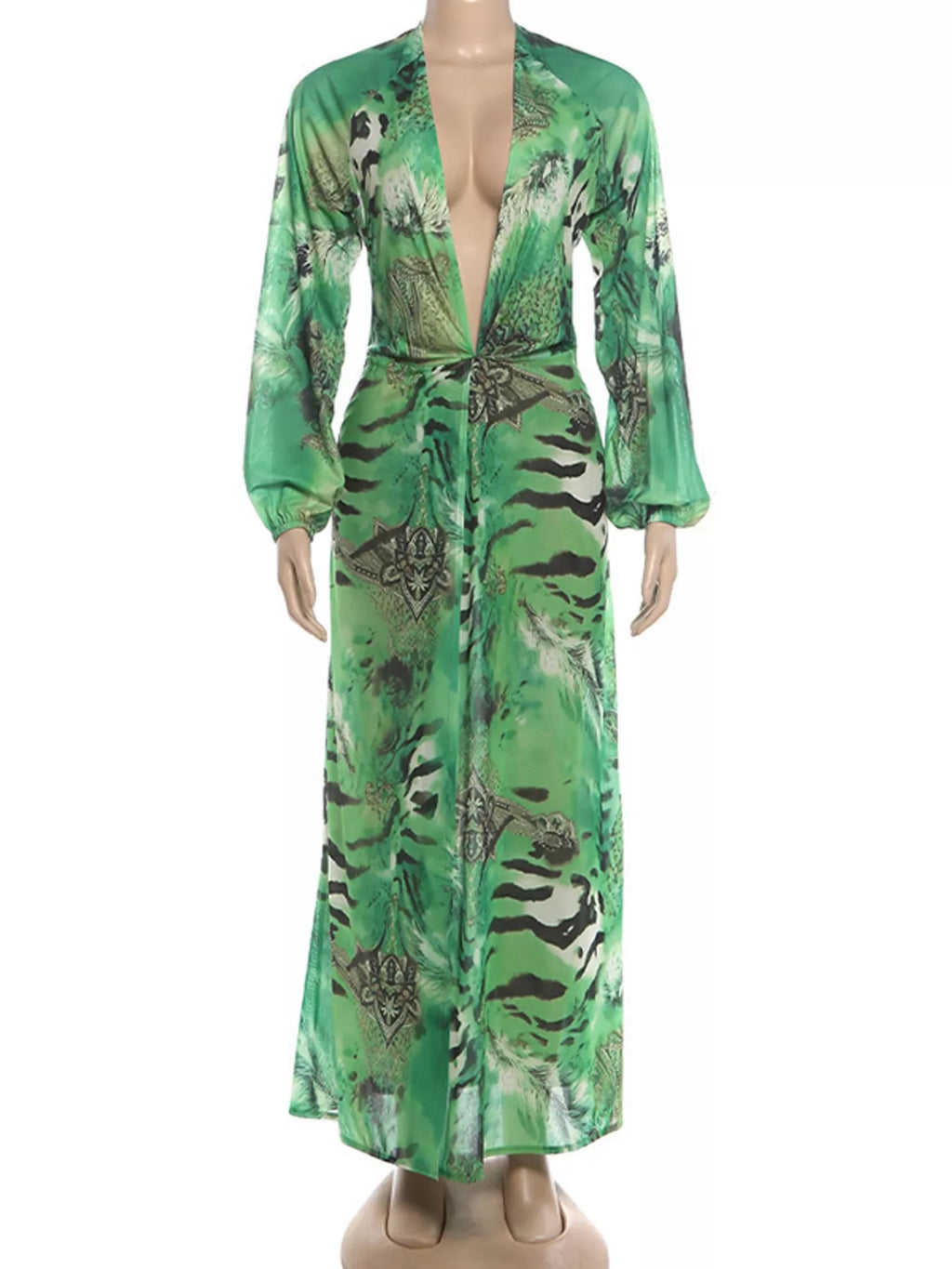 Deep V-Neck Long Sleeve Printed Maxi Dress