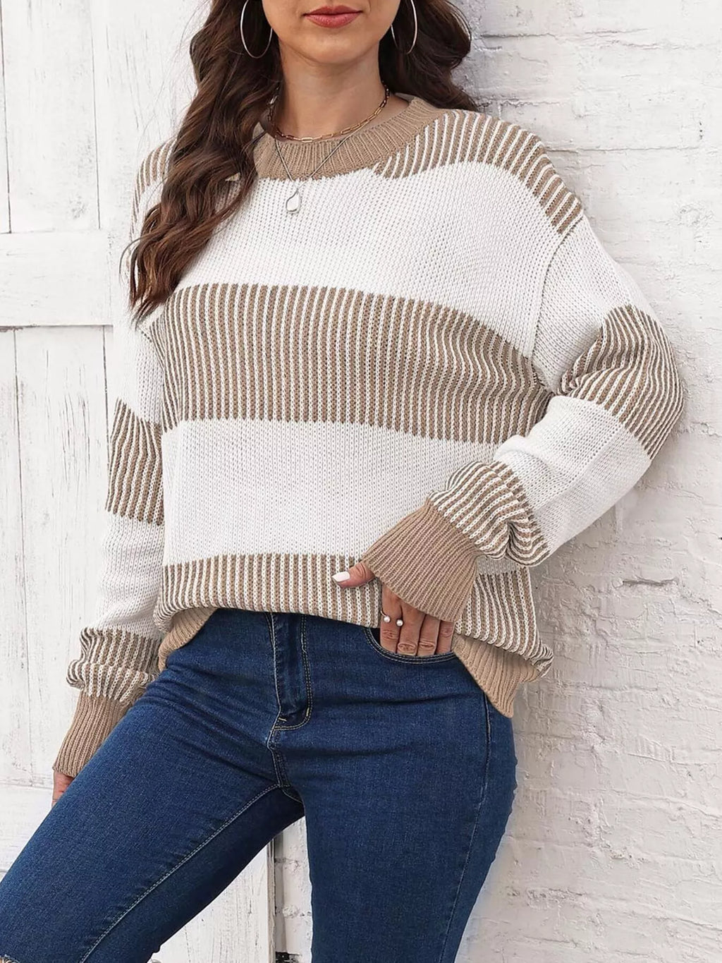 Full Size Striped Color Block Crew Neck Sweater Plus Size