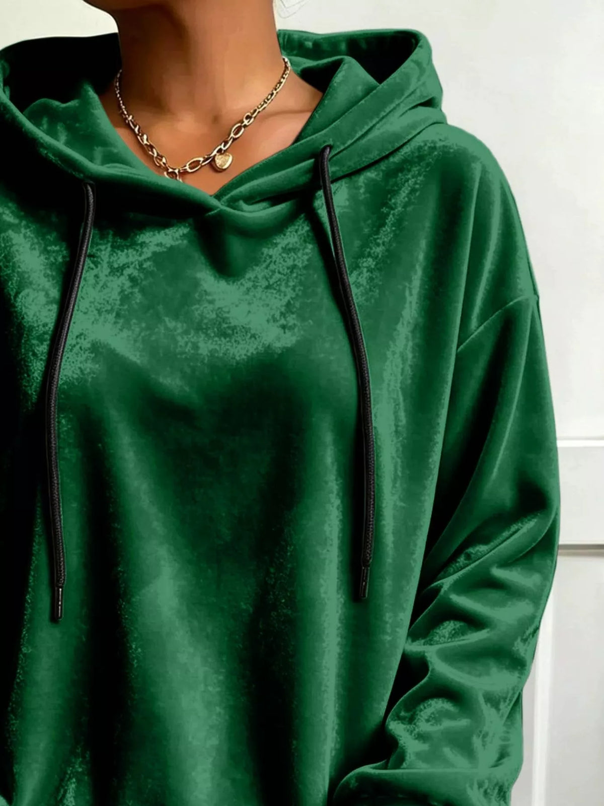 Plus Size Velvet Drawstring Dropped Shoulder Hoodie