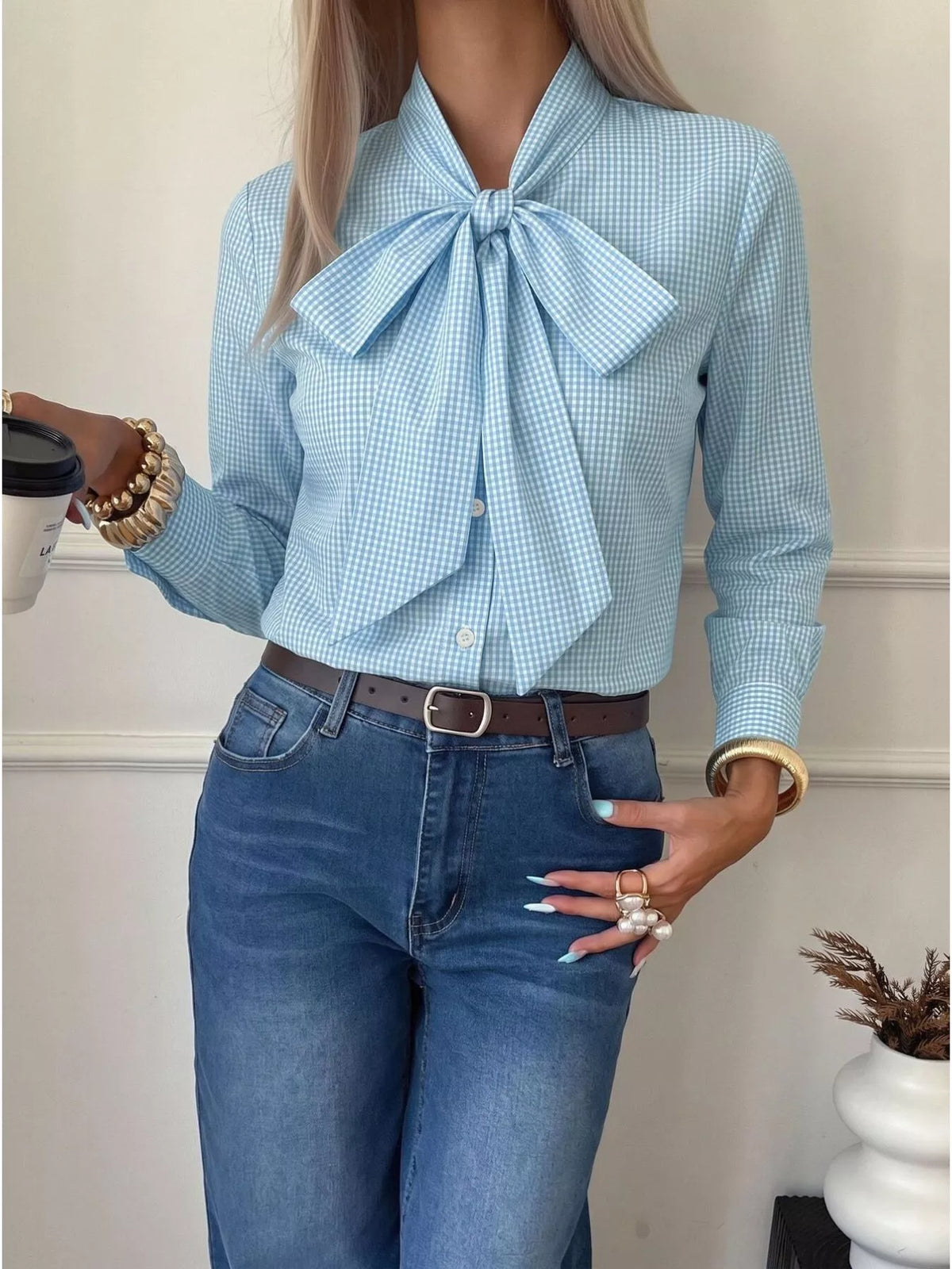 Gingham Bow-Tie Neck Long Sleeve Shirt