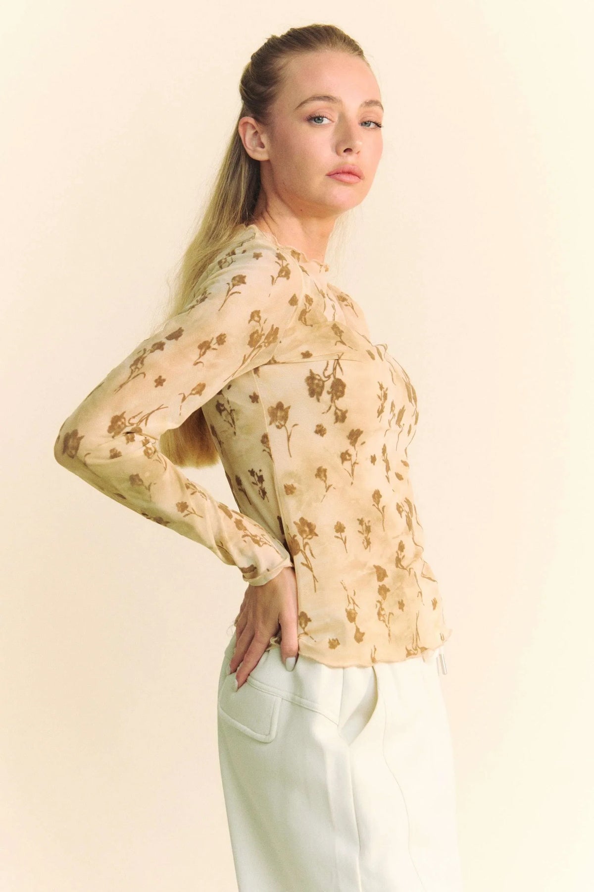 Davi & Dani Floral Mesh Long Sleeve Sheer Layering Top