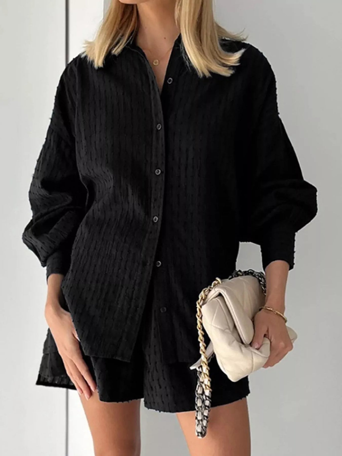 Textured Button-Down Shirt and Shorts Set