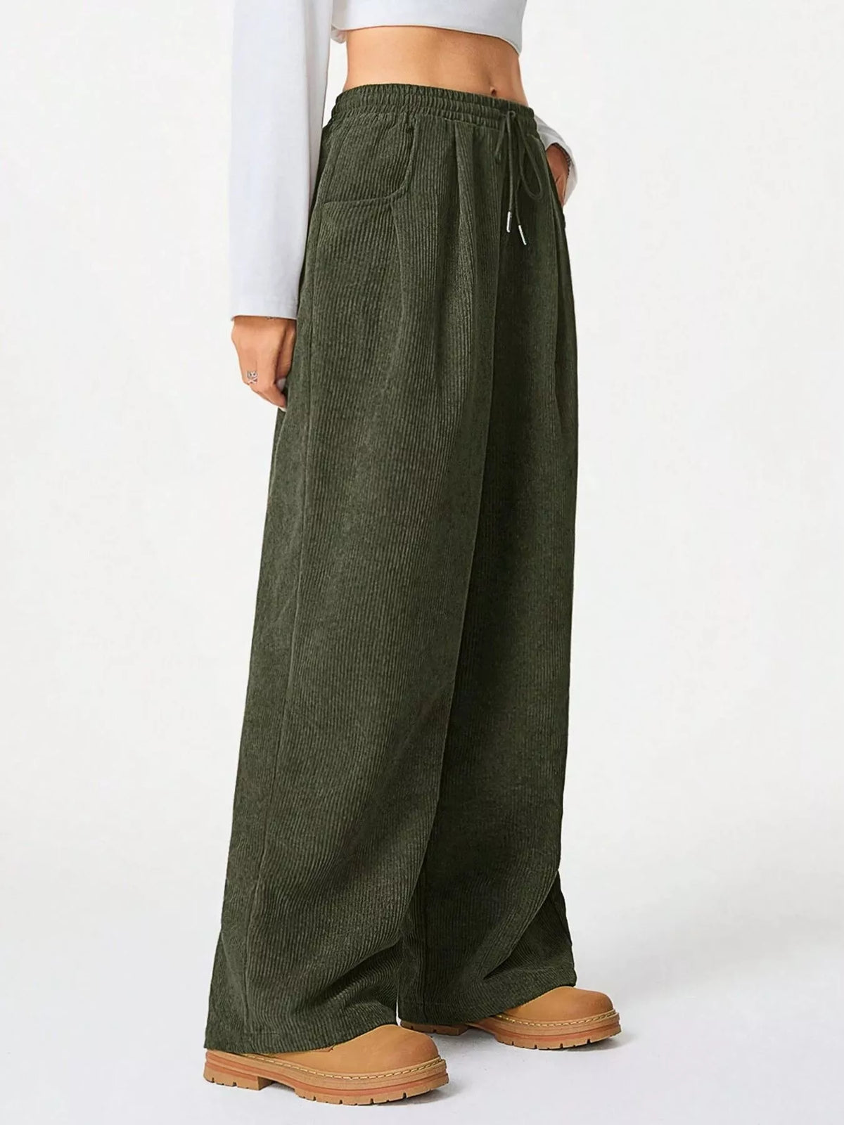 Wide Leg Corduroy Drawstring Pants