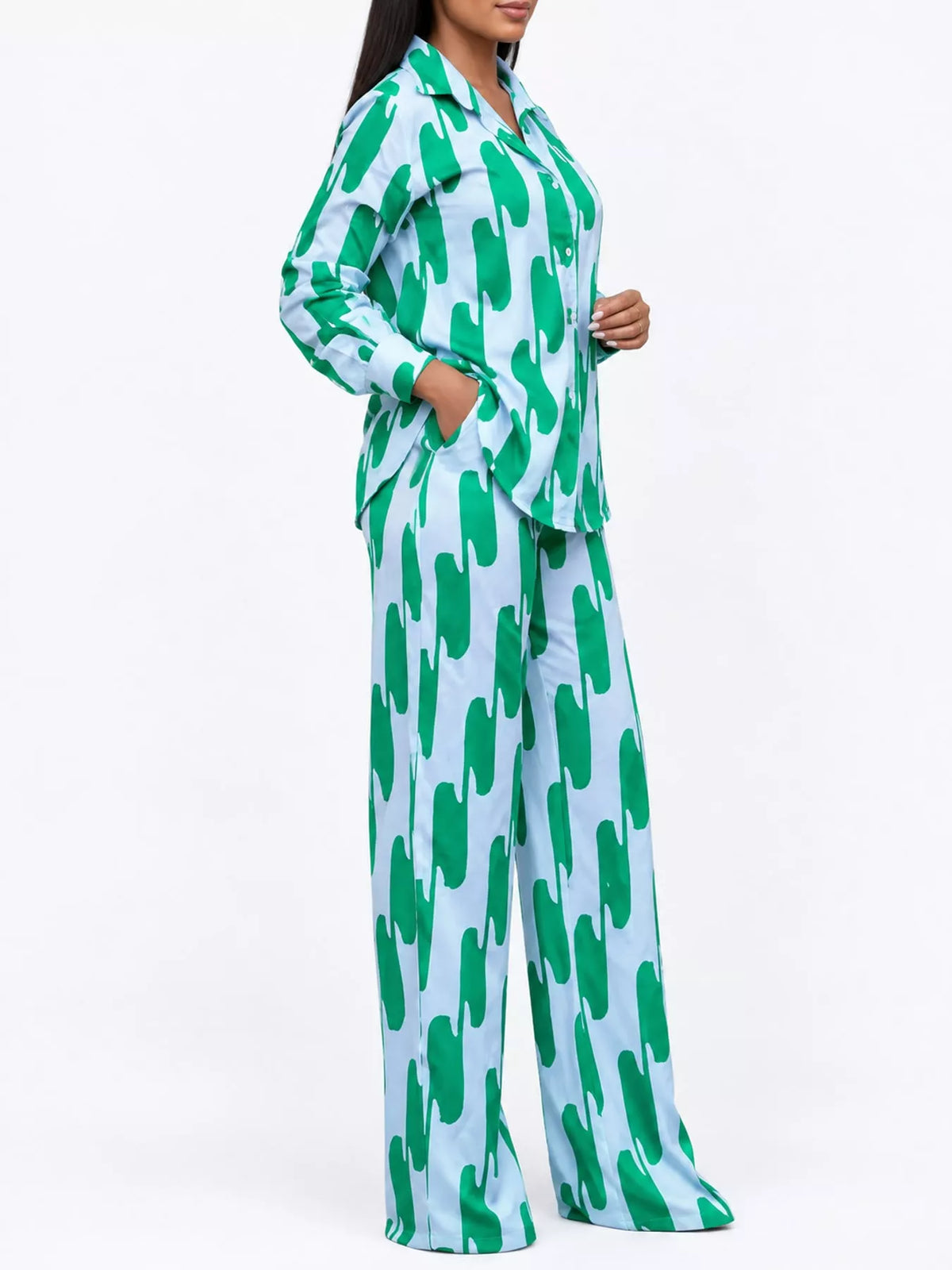 Striped Button-Down Shirt and Wide-Leg Pants Two-Piece Set