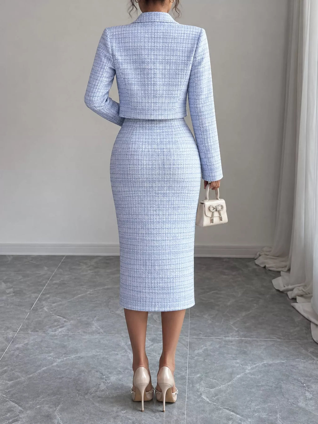 Tweed Square Neck Dress and Cardigan Set