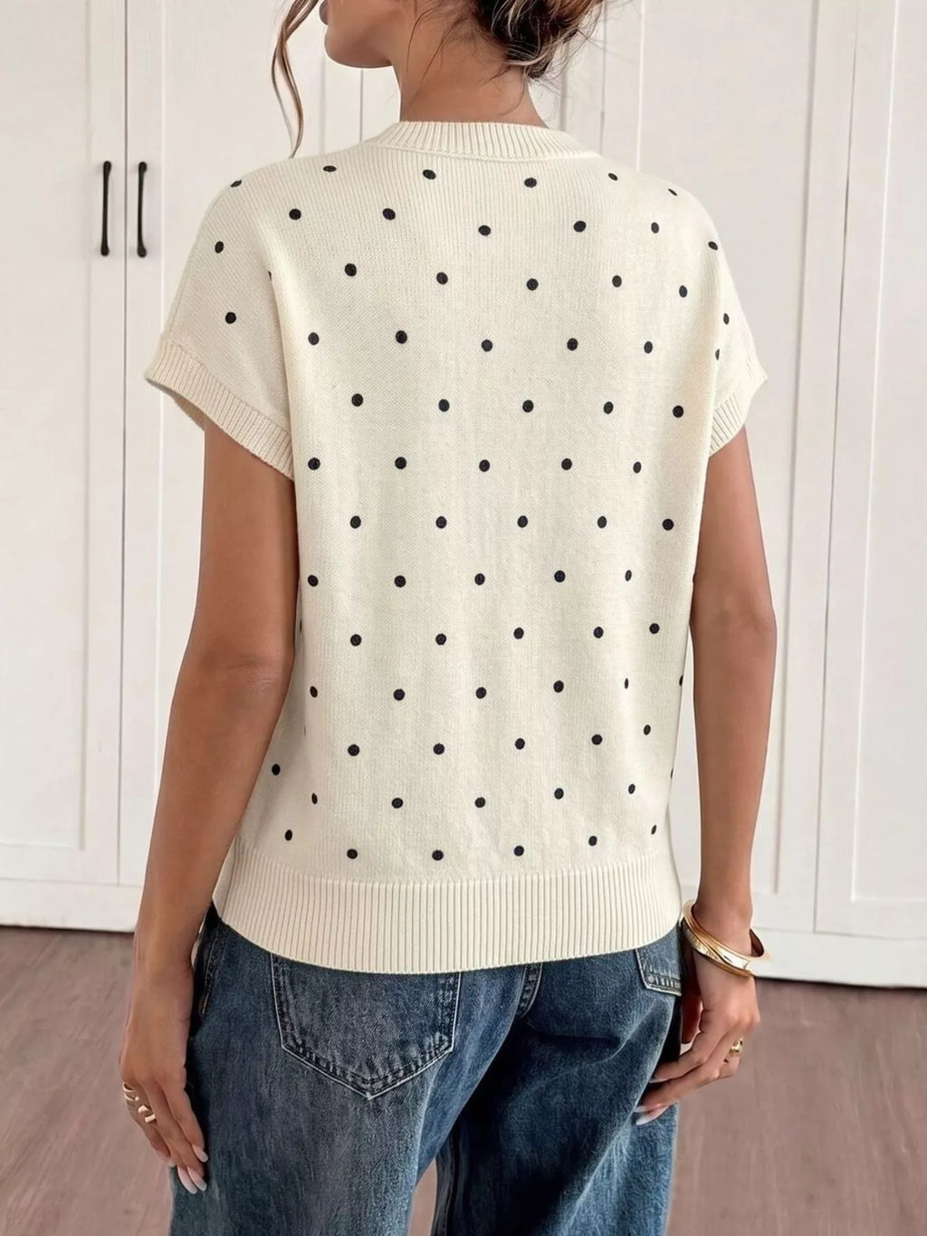 Polka Dot Short Sleeve Knit Sweater