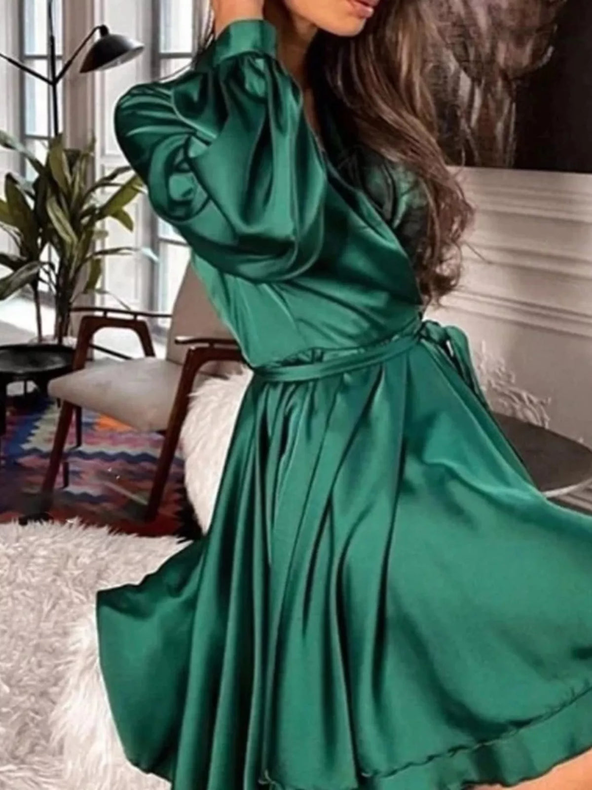 Satin Surplice Long Sleeve Mini Dress