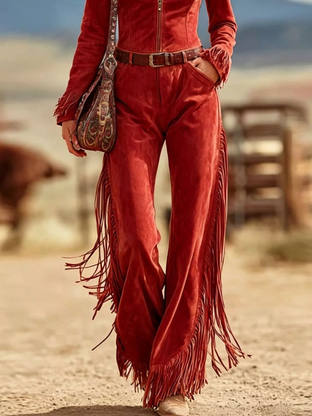 Western-Inspired Suede Fringe Jumpsuit with Zipper Front