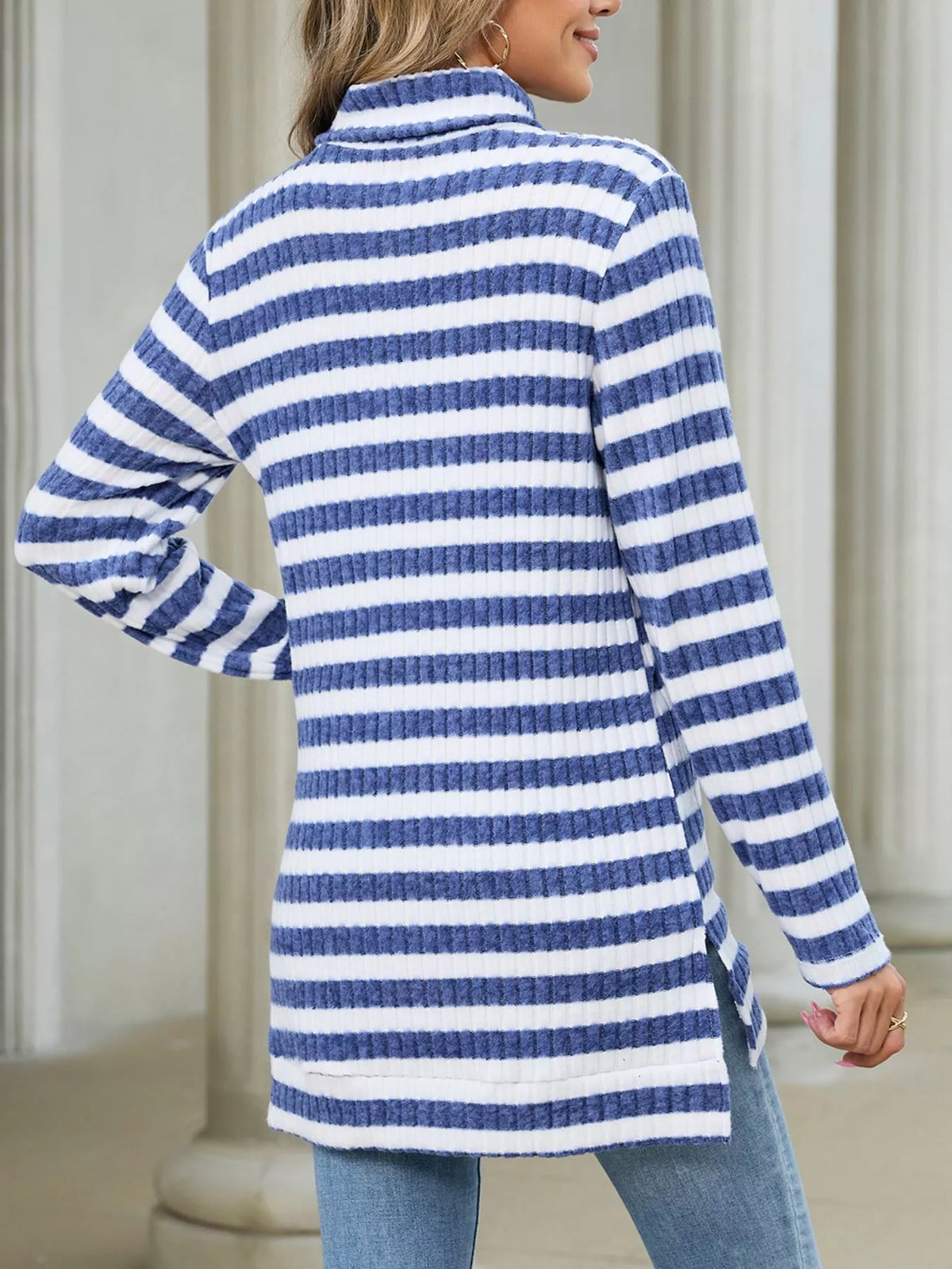 Striped Ribbed Knit Turtleneck Long Sleeve T-Shirt