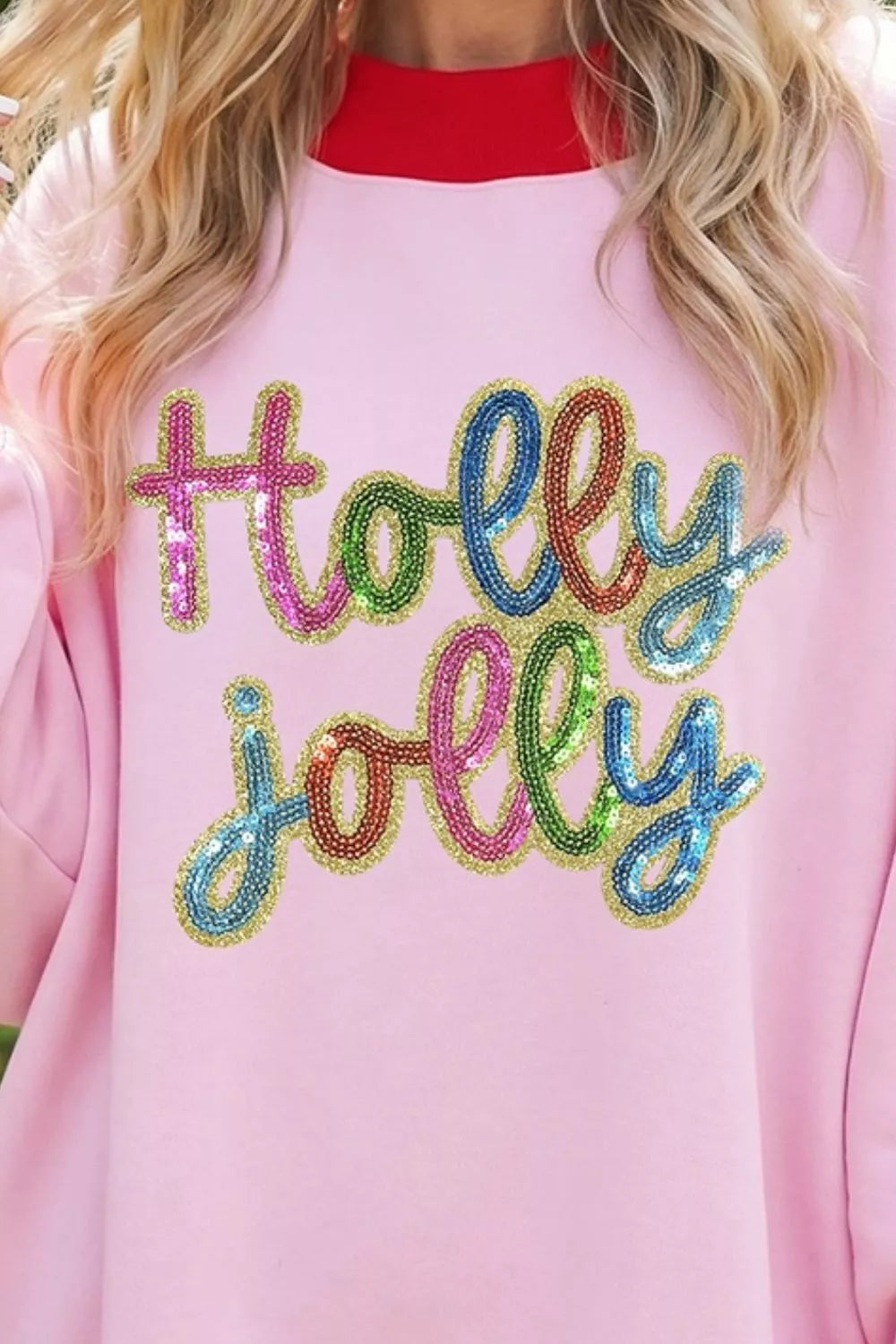 Holly Jolly Sequin Christmas Slogan Color Block Trim Mock Neck Sweatshirt