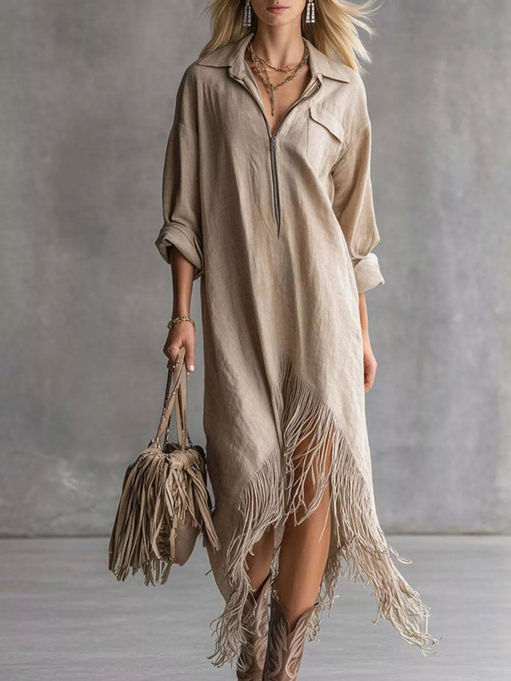 Zipper-Front Fringe Hem Midi Dress