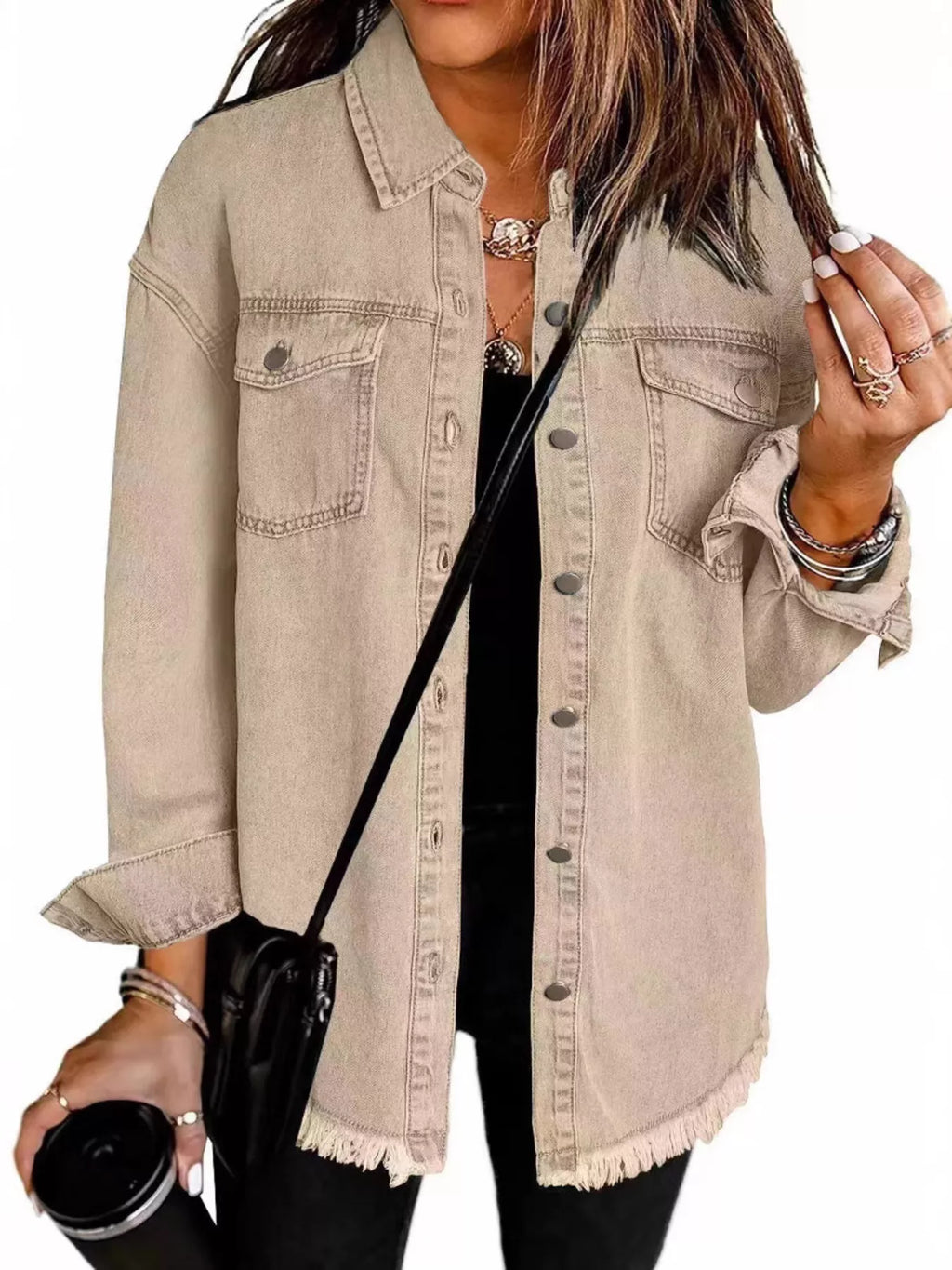 Frayed Hem Button Up Denim Jacket