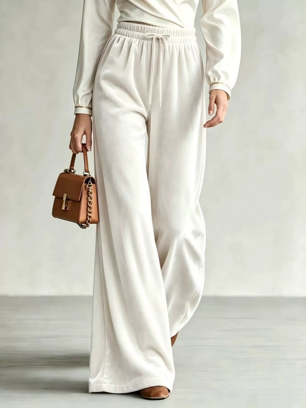 Velvet Wide-Leg Pants with Drawstring