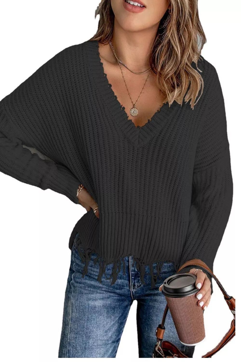 Full Size Raw Hem V-Neck Sweater Plus Size