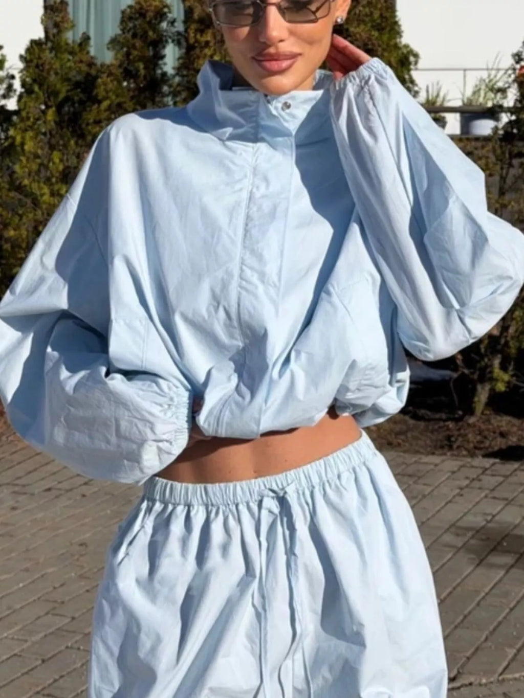 Drawstring Hem Crop Jacket and Wide-Leg Pant Set
