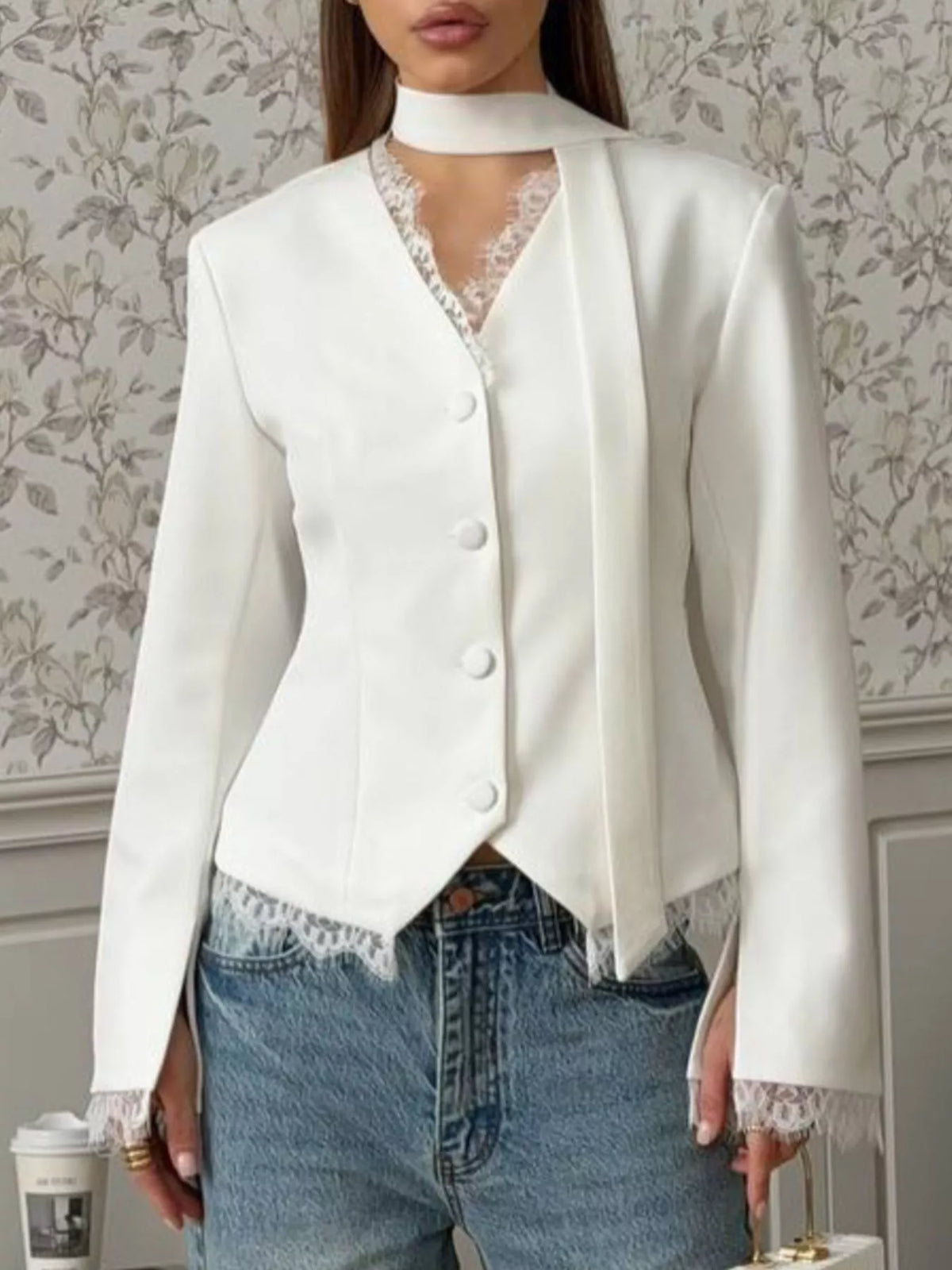 Lace Trim Button Up Blazer