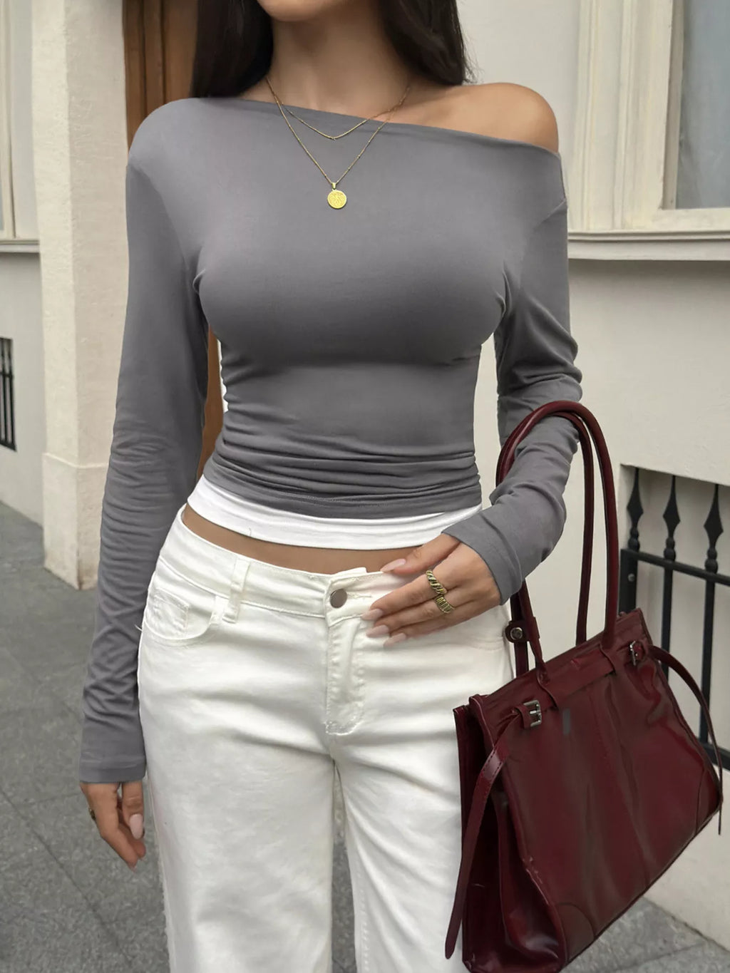 One Shoulder Slim Fit Long Sleeve T-Shirt